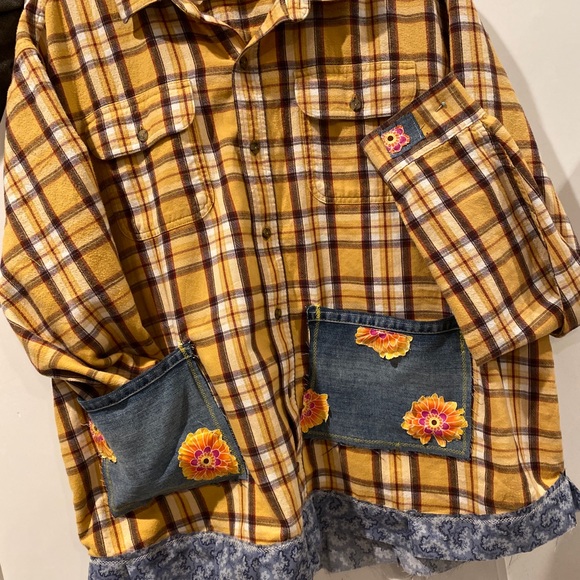 Shacket Flannel Patch Shirt XXL Flower Floral Pockets Hand made Boho Street - Picture 1 of 6